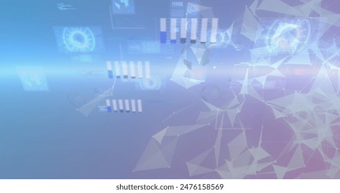 Image of screens with data processing over plexus networks against blue gradient background. Global networking and business technology concept