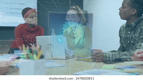 Image of screens with data processing over diverse colleagues discussing over a laptop at office. Global networking and business interface technology concept