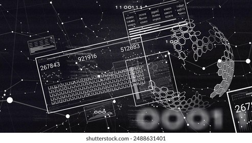 Image of screens with data processing over black background. Global artificial intelligence, connections, computing and data processing concept digitally generated image.