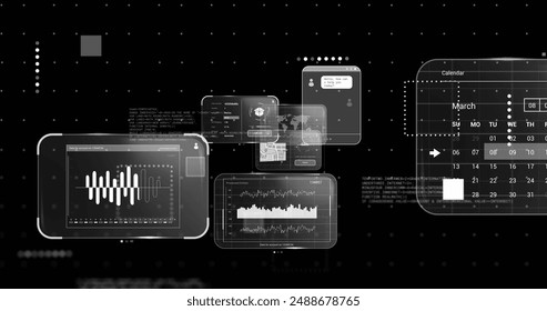 Image of screens with data processing over black background. Global artificial intelligence, connections, computing and data processing concept digitally generated image.