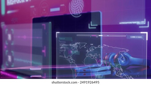 Image of screens with data processing over laptop. Global artificial intelligence, connections, computing and data processing concept digitally generated image.