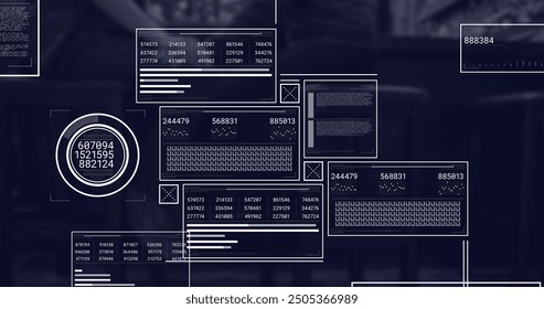 Image of screens with data processing over dark background. Global business, connections, computing and data processing concept digitally generated image.