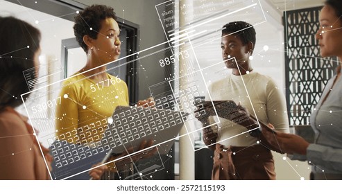 Image of screens with data processing over diverse business people in office. Global finance, business, connections, computing and data processing concept digitally generated image.