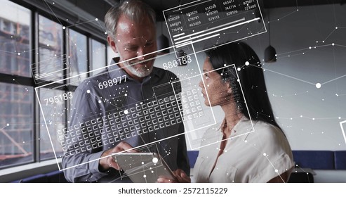 Image of screens with data processing over diverse business people in office. Global finance, business, connections, computing and data processing concept digitally generated image.