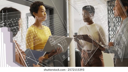 Image of screens with data processing over diverse business people in office. Global finance, business, connections, computing and data processing concept digitally generated image.
