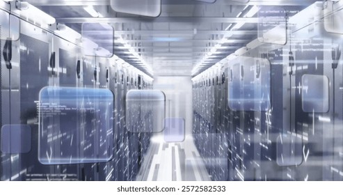 Image of screens and data processing over computer servers. Global finance, business, connections, computing and data processing concept digitally generated image.