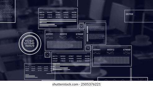 Image of screens and financial data processing over office. Global business, connections, computing and data processing concept digitally generated image.