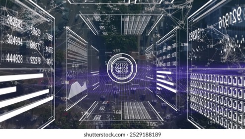 Image of screens with network of connections and data processing. Global finance, business, connections and data processing concept digitally generated image.