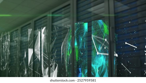 Image of screens of network of connections and plexus networks against computer server room. Business data storage technology concept
