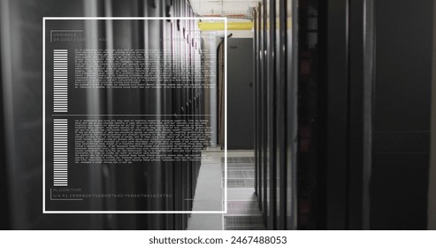 Image of screens with programming language moving over data server racks. Digital composite, networking, data center, security, technology, network server, coding, data processing.