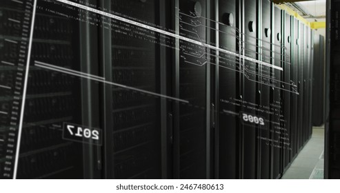 Image of screens with programming language and numbers moving over data server racks. Digital composite, networking, data center, security, technology, network server, coding, data processing.