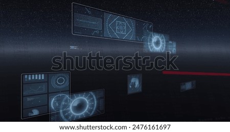 Image of screens with round scanner and data processing against space. Computer interface and business technology concept