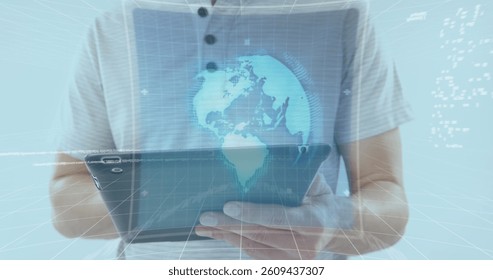 Image of screens with scope scanning and data processing over man using tablet. digital interface, global technology, connection and communication concept digitally generated image.