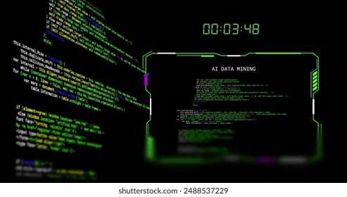 Image of scrolling data, countdown clock and interface ai data mining, on black background. Connection, data, ai, processing, time, digital interface and communication, digitally generated image.