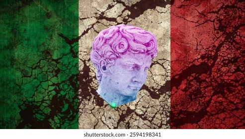 Image of sculpture and black shapes over flag of italy. Technology, flags, abstraction and digital interface concept digitally generated image.