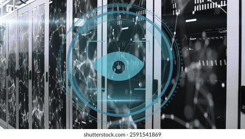 Image of search eye icon and data processing over computer servers. Global business, connections, computing and data processing concept digitally generated image.
