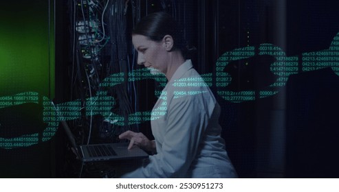 Image of security chain data processing over caucasian female it engineer by computer servers. Global data processing, servers and cloud computing concept digitally generated image. - Powered by Shutterstock - Get 15% off with code: PIKWIZARD15