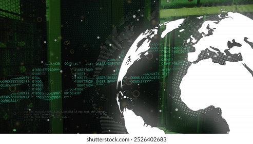 Image of security chain icon over spinning globe and data processing against server room. Cyber security and business data storage technology concept