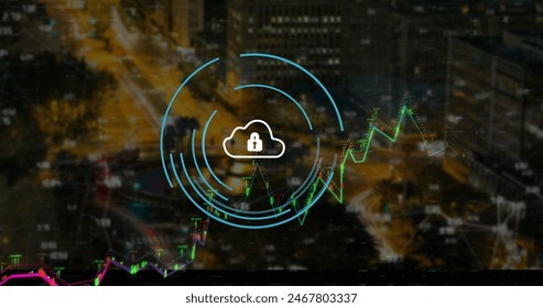 Image of security padlock and cloud icon over financial data processing against night cityscape. Global finance and cyber security business technology concept