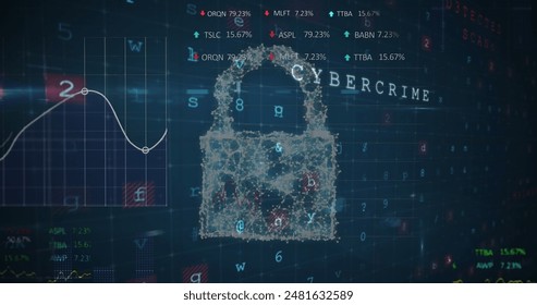 Image of security padlock and cloud icon against cyber security and statistical data processing. Cyber security and business technology concept