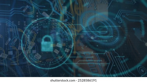 Image of security padlock, data processing and scope with computer circuit board. Global online security, computing and data processing concept digitally generated image. - Powered by Shutterstock