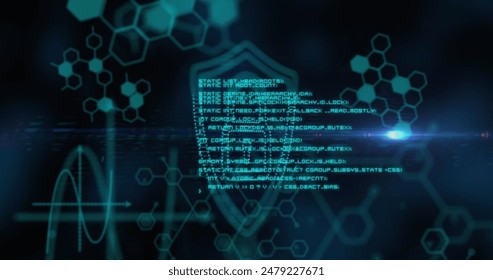 Image of security padlock icon, chemical structures and data processing against blue background. Cyber security and research science technology concept