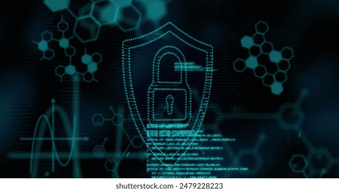 Image of security padlock icon, chemical structures and data processing against blue background. Cyber security and research science technology concept