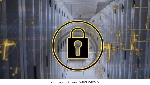 Image of security padlock icon and cyber security data processing against computer server room. Cyber security and business data storage technology concept