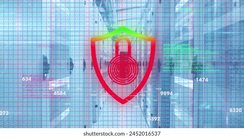 Image of security padlock icon and data processing against computer server room. Cyber security and business data storage technology concept