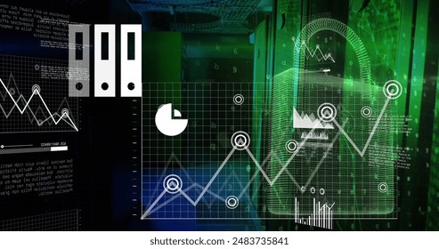 Image of security padlock icon and data processing against computer server room. Cyber security and business data storage technology concept