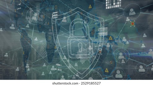 Image of security padlock icon and data processing over world mal and network of profile icons. Cyber security and business networking technology concept