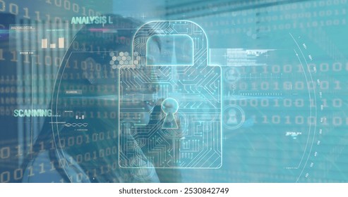 Image of security padlock icon and data processing over caucasian woman talking on smartphone. Cyber security and business networking technology concept