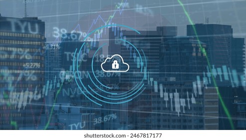 Image of security padlock icon, financial and stock market data processing against tall building. Global economy and cyber security technology concept - Powered by Shutterstock