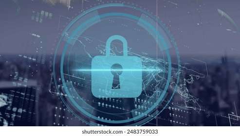 Image of security padlock icon and interface with data processing against cityscape. Cyber security and business data storage technology concept