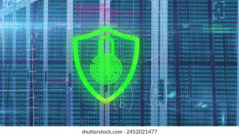 Image of security padlock icon and mathematical equations against computer server room. Cyber security and business data storage technology concept