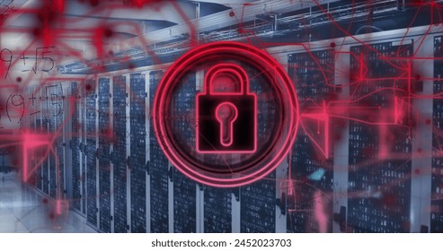 Image of security padlock icon and mathematical equations against computer server room. Cyber security and business data storage technology concept - Powered by Shutterstock