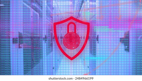 Image of security padlock icon, mathematical equations and data processing over server room. Cyber security and business data storage technology concept