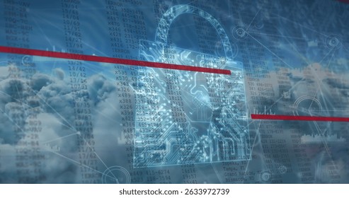 Image of security padlock icon and network of connections against clouds in the sky. Global networking and business technology concept