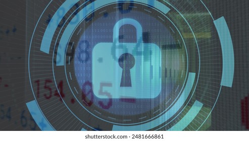 Image of security padlock icon on round scanner, stock market data processing over server room. Cyber security and business data storage technology concept