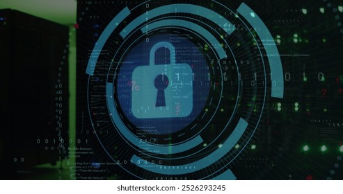 Image of security padlock icon on round scanner and binary coding against computer server room. Cyber security and business data storage technology concept - Powered by Shutterstock - Get 15% off with code: PIKWIZARD15
