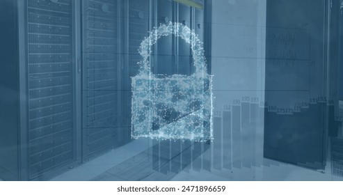 Image of security padlock  icon over statistical data processing against server room. Cyber security and business data storage technology concept