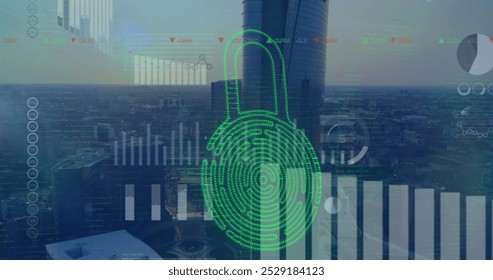 Image of security padlock icon and screens with data processing over aerial view of cityscape. Cyber security and business technology concept