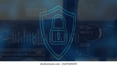 Image of security padlock icon and screens with data processing over aerial view of cityscape. Cyber security and business technology concept