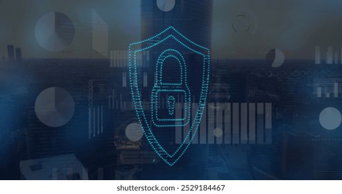 Image of security padlock icon and screens with data processing over aerial view of cityscape. Cyber security and business technology concept