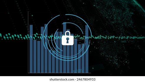 Image of security padlock icon and statistical data processing against black background. Cyber security and business data technology concept