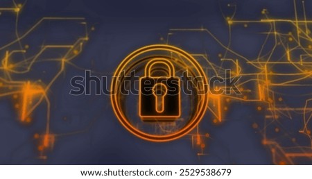 Image of security padlock icon and yellow light trails against grey background. Cyber security and business technology concept