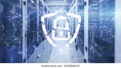 Image of security padlock, network of connections and data processing over server room. Cyber security and business data storage technology concept - Powered by Shutterstock