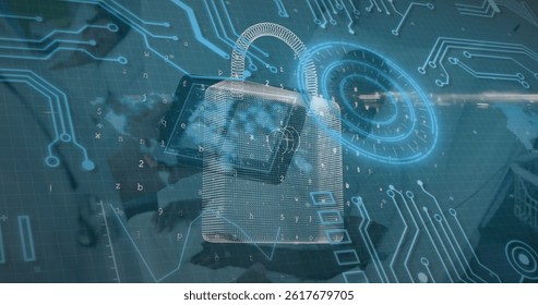 Image of security padlock over man using tablet. global business, success, connections and data processing concept digitally generated image.