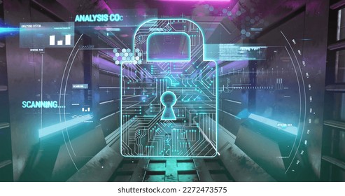 Image of security padlock over tunnel and digital interface. Global internet security, data processing, connections and digital interface concept digitally generated image.