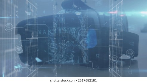 Image of security padlock over vr headset. global data processing, technology and connections concept digitally generated image.